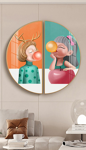 现代流行风泡泡女孩纯手绘简约卡通圆形装饰画