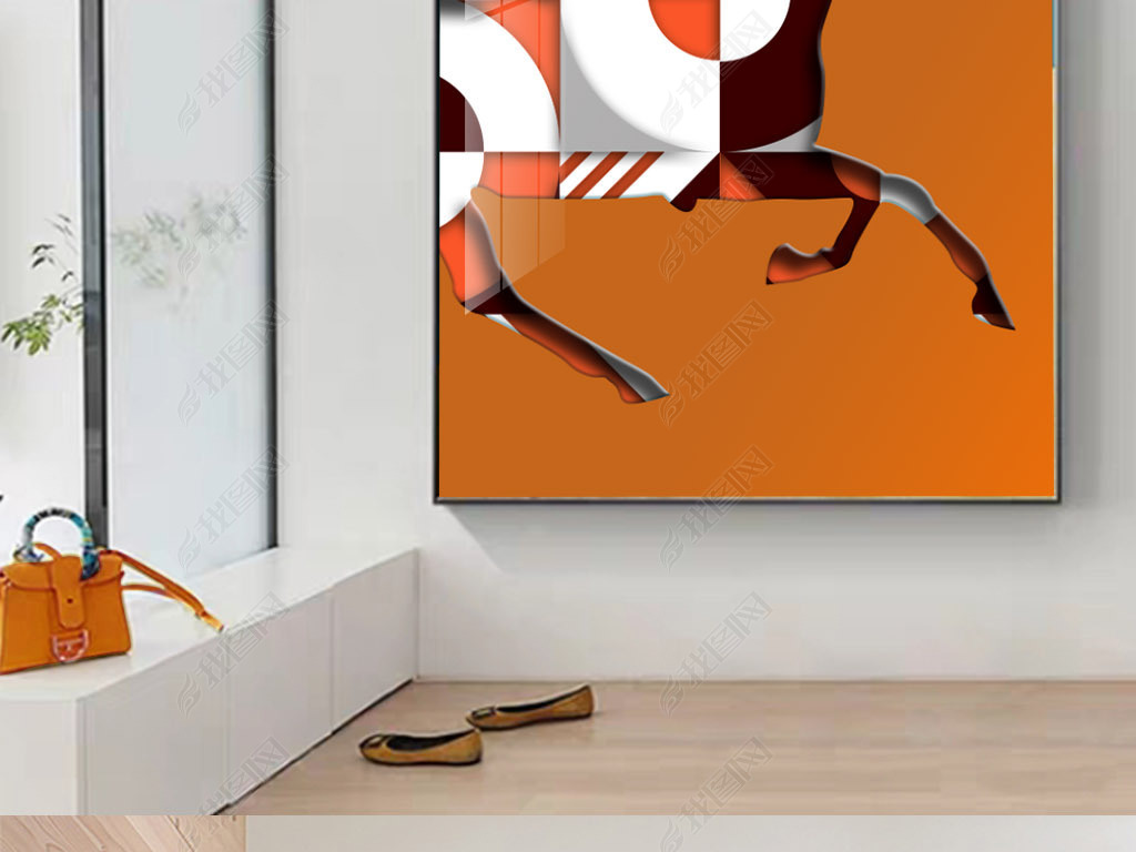 原创爱马仕橙奔马骑士立体几何抽象轻奢现代装饰画8版权可商用