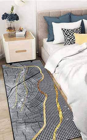 现代北欧抽象几何年轮千格鸟地垫床边长地毯设计