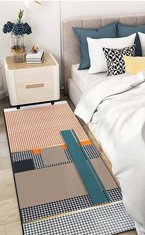 现代北欧抽象几何千格鸟卧室地垫床边长地毯设计