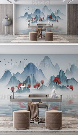 新中式大气简约书房山脉风景壁画背景墙样机