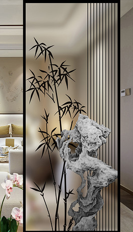 新中式高清分层石头竹子彩白彩艺术玻璃