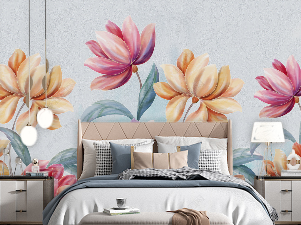 现代手绘花卉卧室床头背景墙壁画墙布
