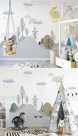 北欧ins手绘树林小动物简约云朵儿童房背景墙