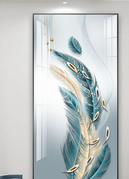 入户玄关轻奢羽毛麋鹿走廊挂画竖版壁画晶瓷画