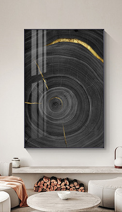 现代简约轻奢抽象金色几何木纹年轮玄关装饰画