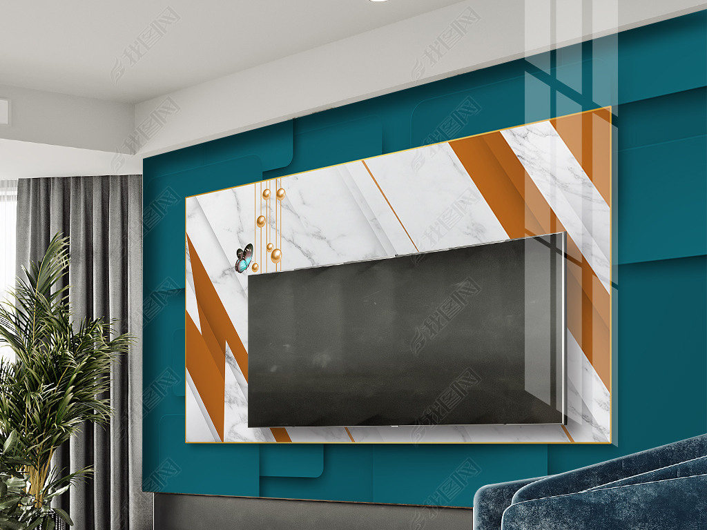 现代简约大理石纹爱马仕橙电视背景墙