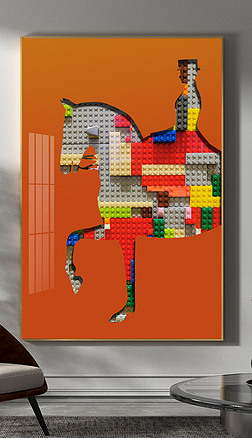 现代轻奢爱马仕橙马到成功积木挂画玄关装饰画