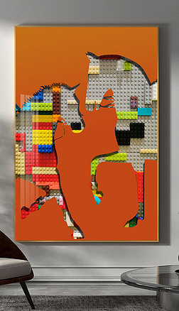 现代轻奢爱马仕橙马到成功积木挂画玄关装饰画