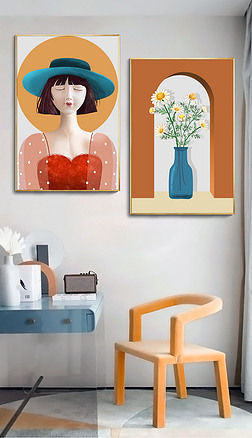 现代轻奢手绘小女孩公主雏菊花瓶q版儿童装饰画