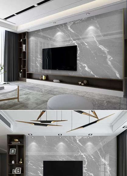 轻奢现代灰色大气石材岩板电视背景墙