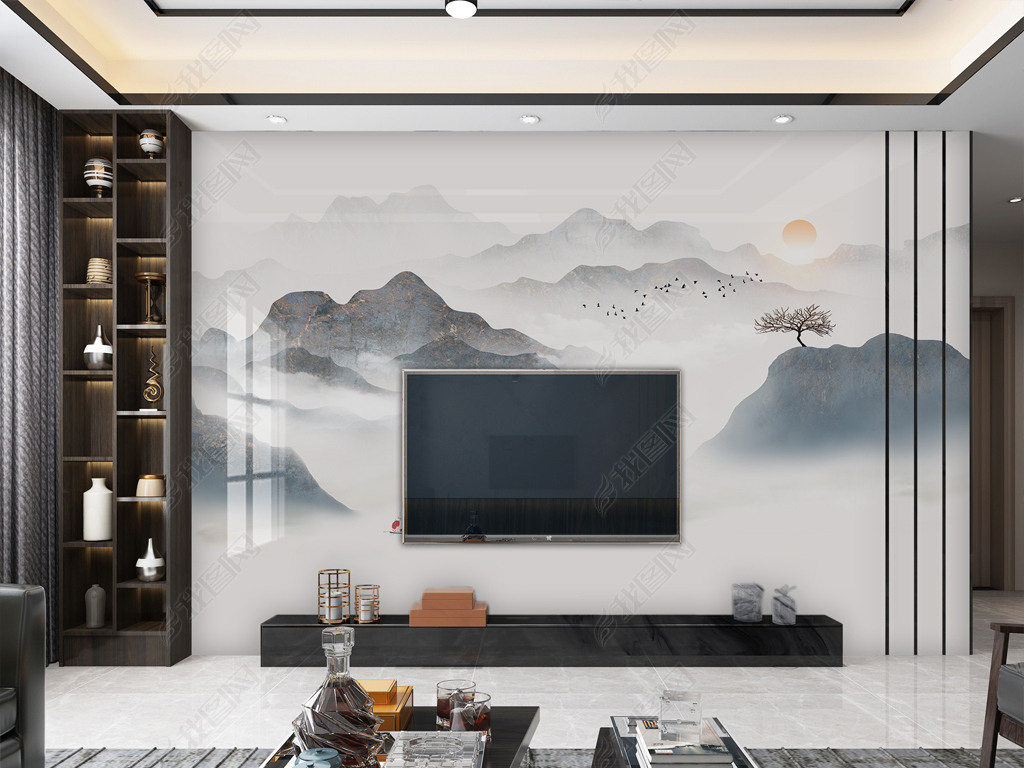 新中式水墨山水大理石纹山水画电视背景墙