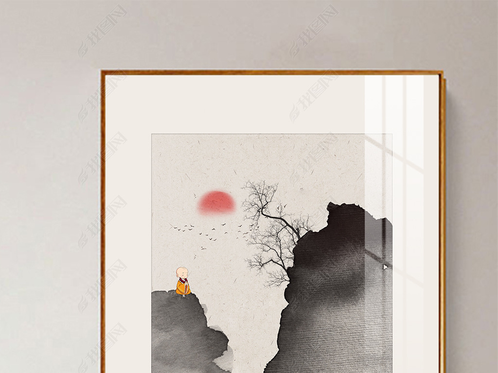 新中式现代抽象禅意水墨山水画小和尚客厅装饰画
