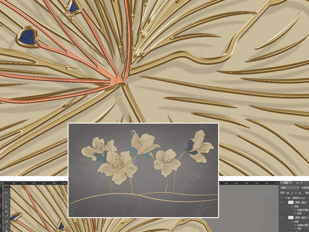 大气手绘欧式花朵轻奢金色浮雕线条背景墙