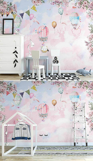 北欧手绘粉色云朵热气球儿童房粉色公主风背景墙