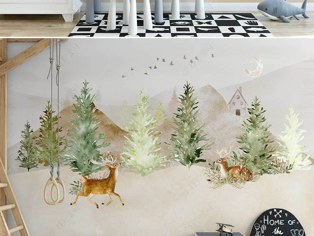 北欧ins手绘小清新树林麋鹿飞鸟儿童房背景墙
