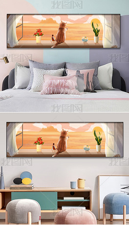 现代北欧治愈系纯手绘猫咪清新风景卧室窗台画2