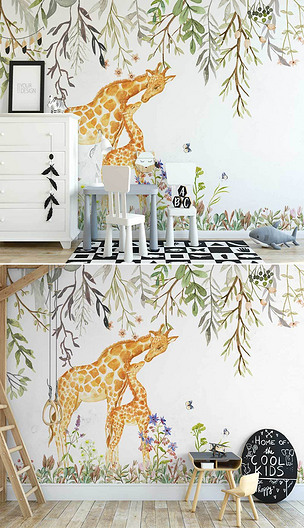 北欧ins手绘浪漫花草可爱长颈鹿儿童房背景墙