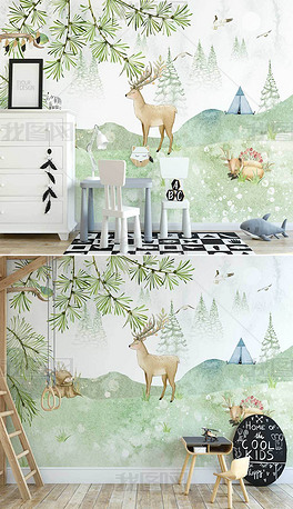 北欧手绘森林小动物麋鹿小狐狸刺猬儿童房背景墙