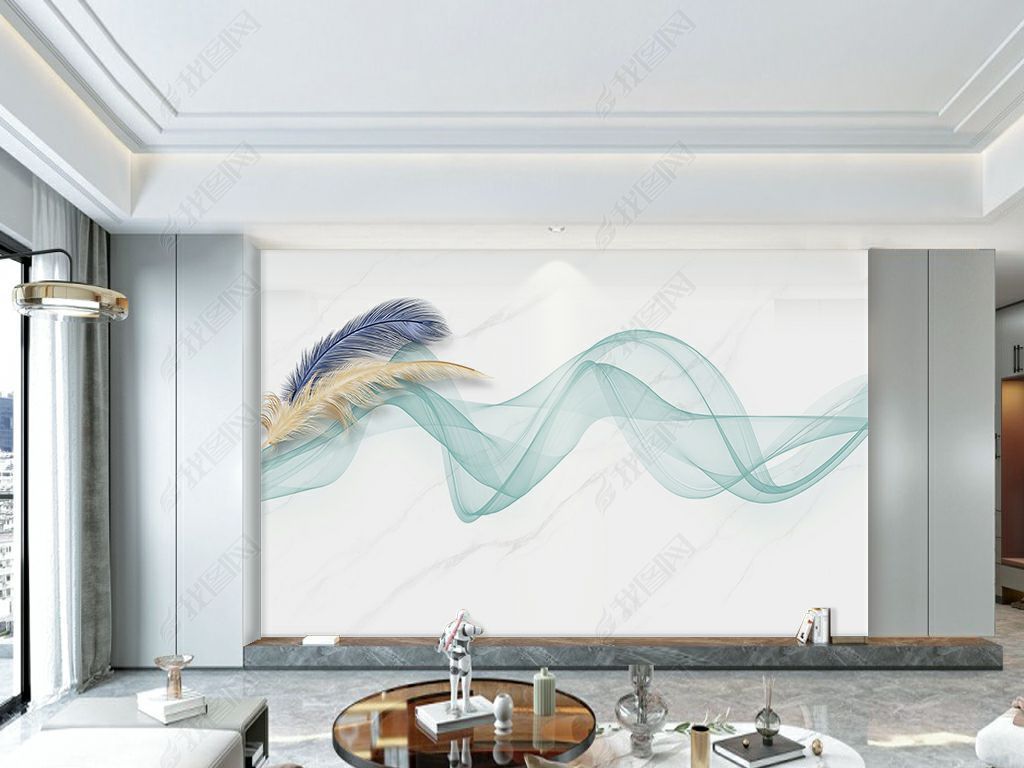 原创新中式意境抽象爵士白羽毛飘带石纹背景墙下载-编号25400504-电视