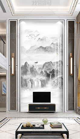 新中式水墨山水风景画复式楼电视背景墙