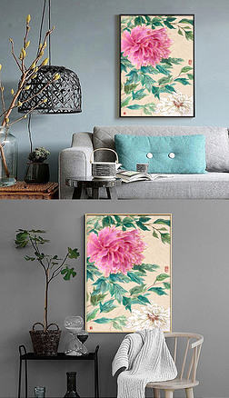 新中式装饰画纯手绘写意粉白双牡丹图