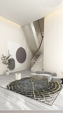 北欧现代轻奢创意年轮黑灰金床边毯客厅地毯地垫