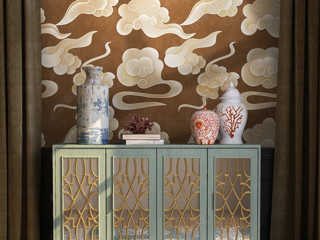 原创新中式轻奢祥云墙纸图案墙布背景墙壁纸设计版权可商用