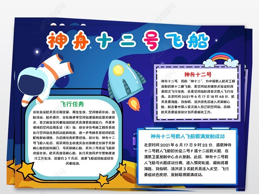原创神州十二号载人飞船手抄报科技航天电子小报模板版权可商用