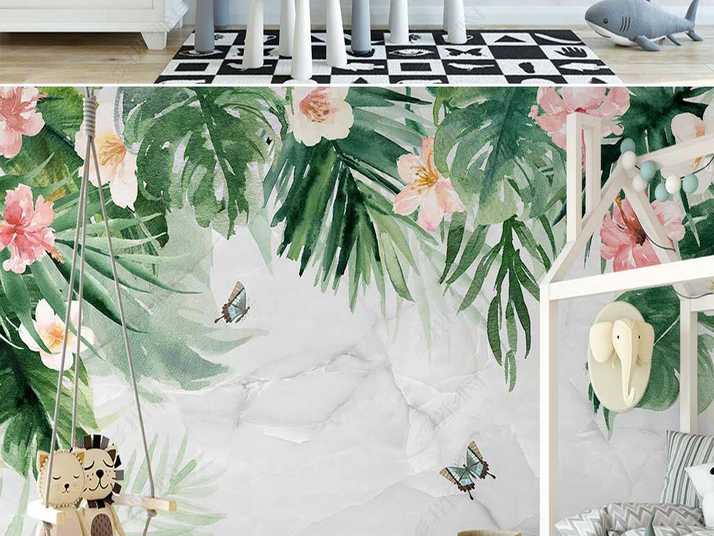 北欧ins手绘热带花鸟水彩棕榈叶室内背景墙