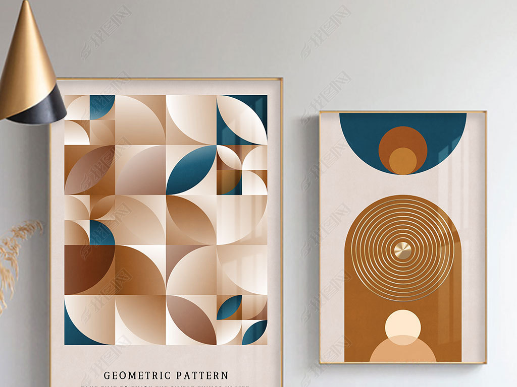 现代简约几何拼接图案金色线条圆圈抽象装饰画
