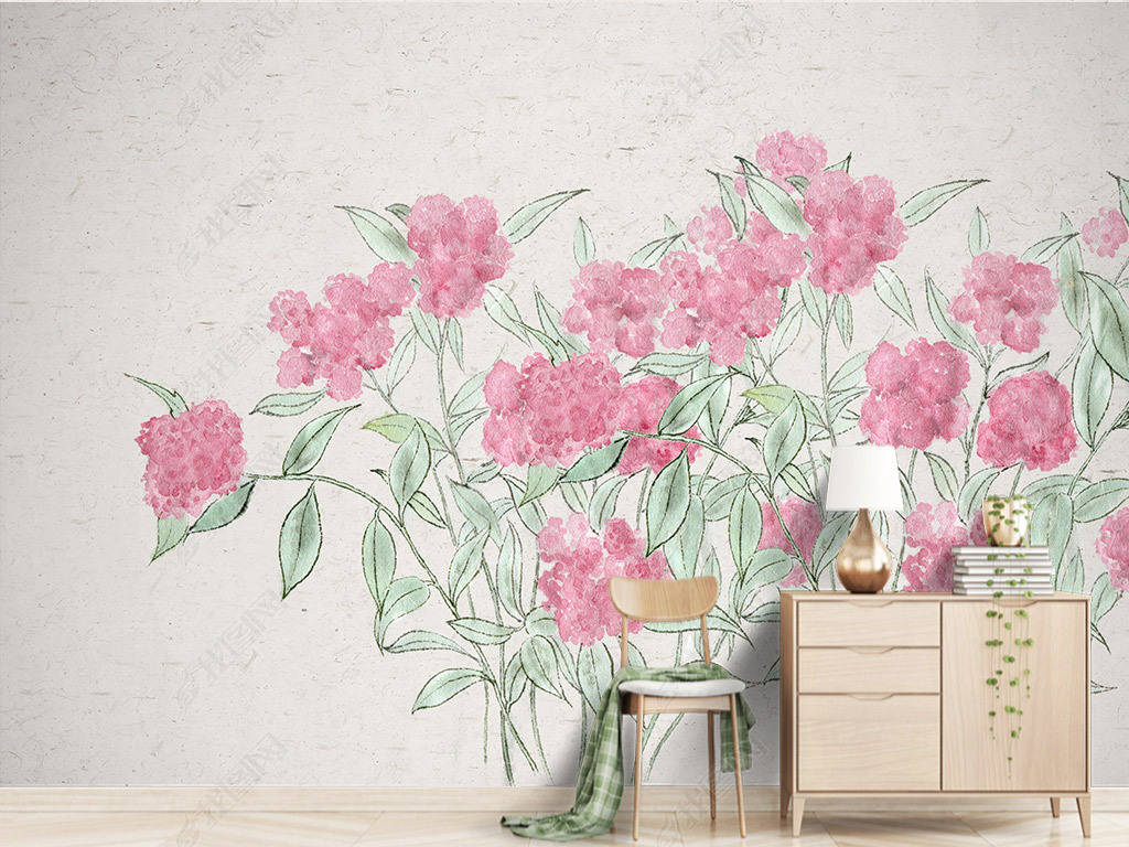 小清新北欧水彩粉色花卉3d立体花朵电视背景墙