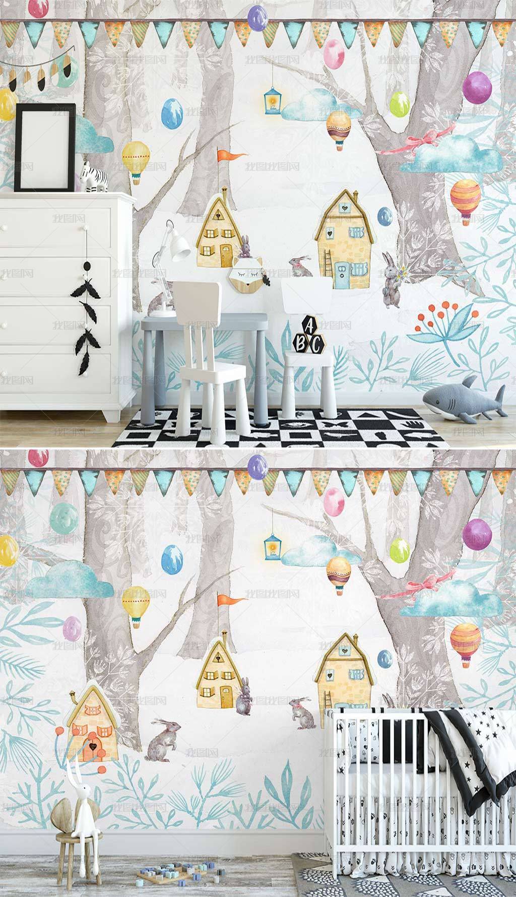 北欧ins手绘卡通树林房子热气球小兔子背景墙图片素材模板下载 儿童房背景墙 我图网