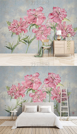 小清新北欧水彩粉色花卉3d立体花朵电视背景墙