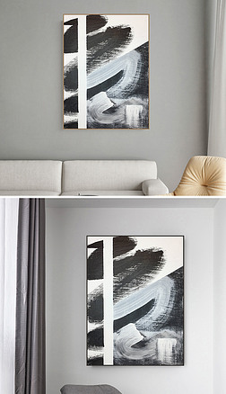 抽象竖条纹画装饰画|简约黑白笔刷条纹抽象装饰画