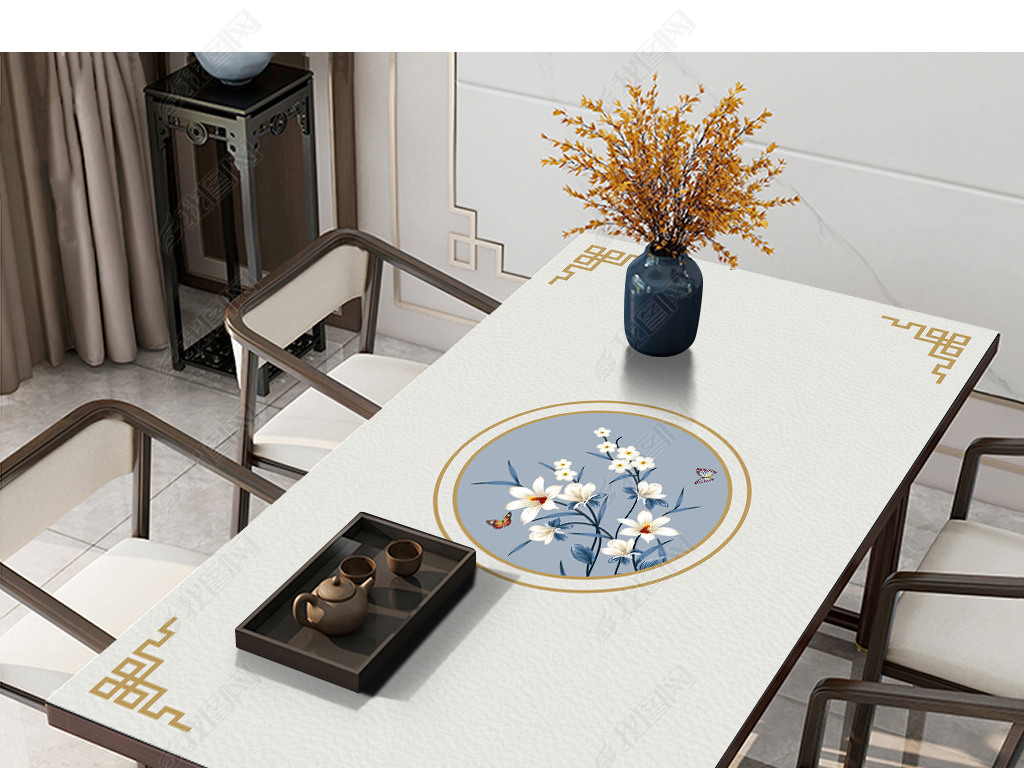 新中式轻奢几何叶子花鸟抽象桌布茶几餐桌垫