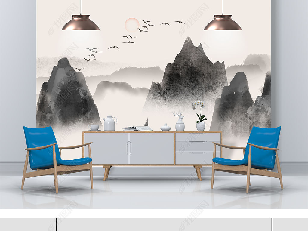 高清中式客厅水墨山脉风景壁画背景墙样机