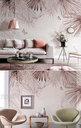 北欧手绘小清新热带植物淡雅蝴蝶简约室内背景墙