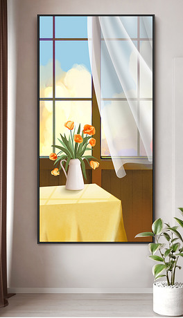 北欧轻奢手绘窗户餐台静物花瓶餐厅装饰画玄关画