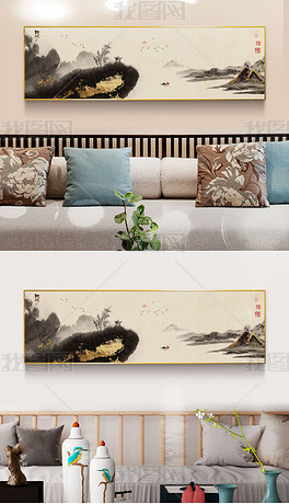 新中式水墨禅意极简红衣小和尚客厅横幅装饰画3