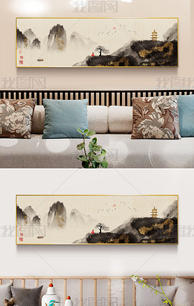 新中式水墨禅意极简红衣小和尚客厅横幅装饰画4