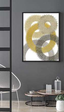 荆棘的齿轮抽象灰黄金色玻璃金属圆环装饰画