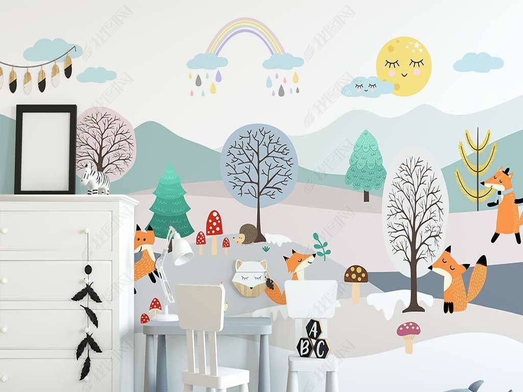 北欧ins手绘卡通森林小狐狸可爱儿童房背景墙