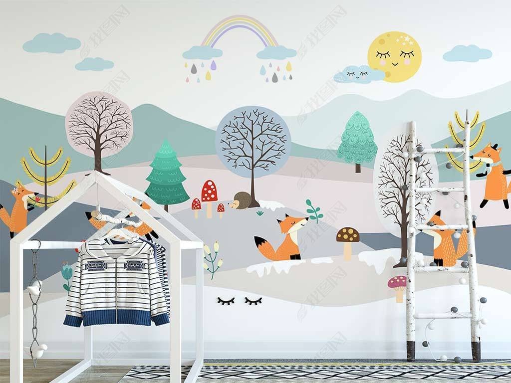 北欧ins手绘卡通森林小狐狸可爱儿童房背景墙