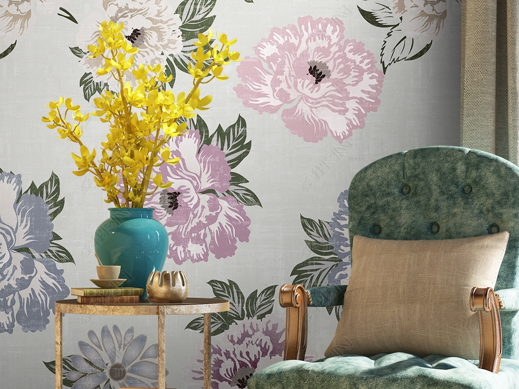 现代简约花卉牡丹时尚墙纸壁画壁纸图案设计