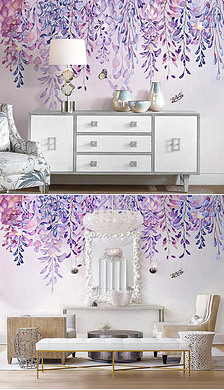 北欧ins手绘紫藤花浪漫花朵繁花室内背景墙