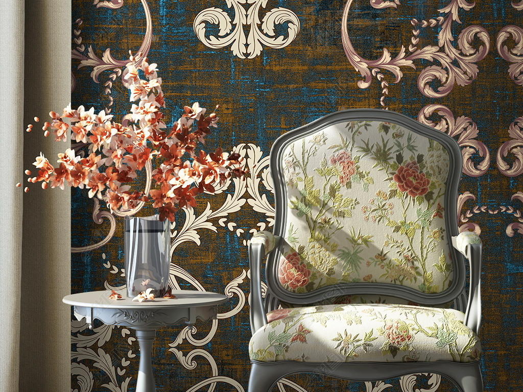 欧式花纹卷草复古墙纸设计墙布图案壁纸