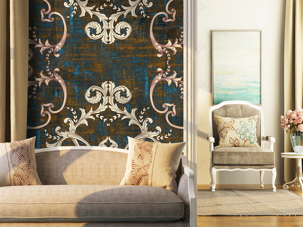 欧式花纹卷草复古墙纸设计墙布图案壁纸