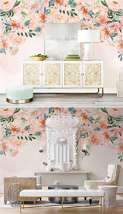 北欧ins手绘粉色花卉美式田园花朵室内背景墙