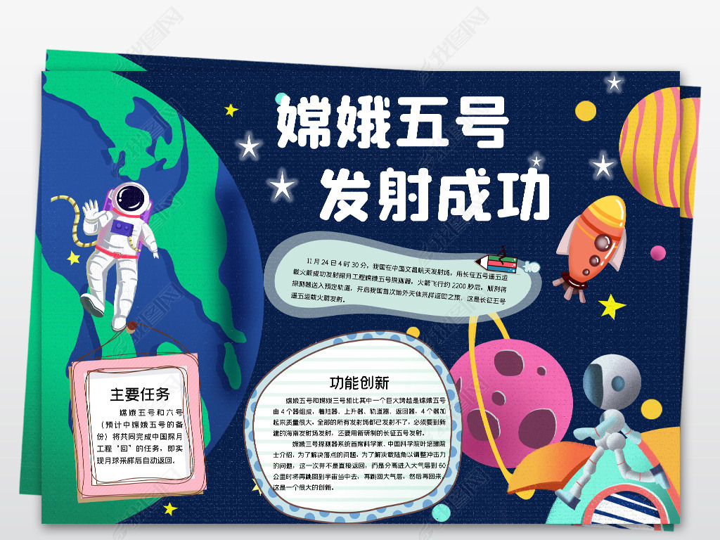 原创嫦娥五号发射成功小报航天科技探索宇宙登月球版权可商用